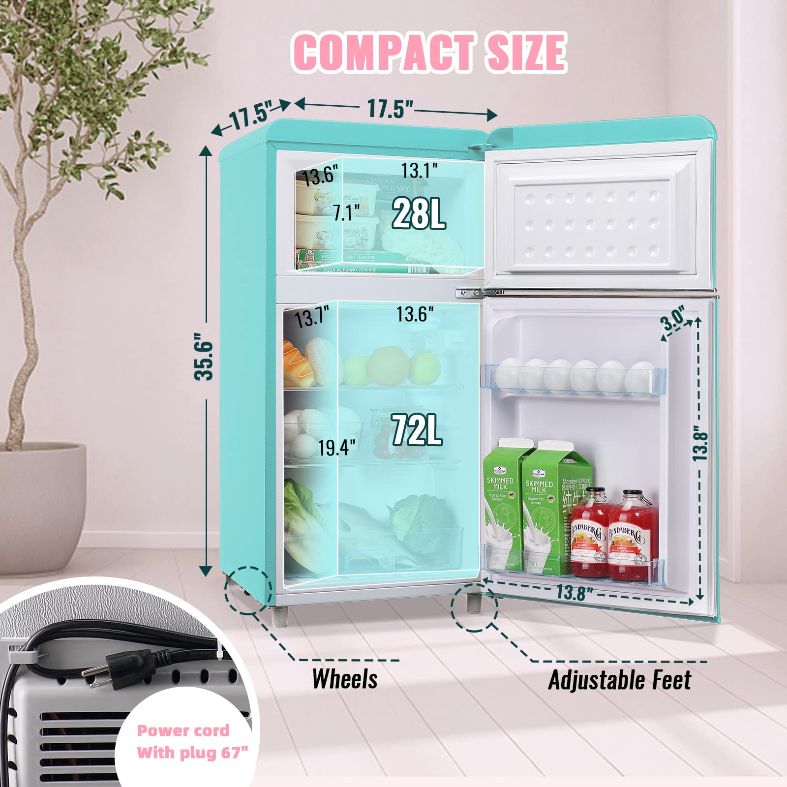 WANAI 3.5 Cu.ft Compact Refrigerators Mini Fridge with Freezer Blue Small Fridge Dual Door Classic Retro Refrigerator Removable Glass Shelves Adjustable Thermostat for Home Office Dorm RV