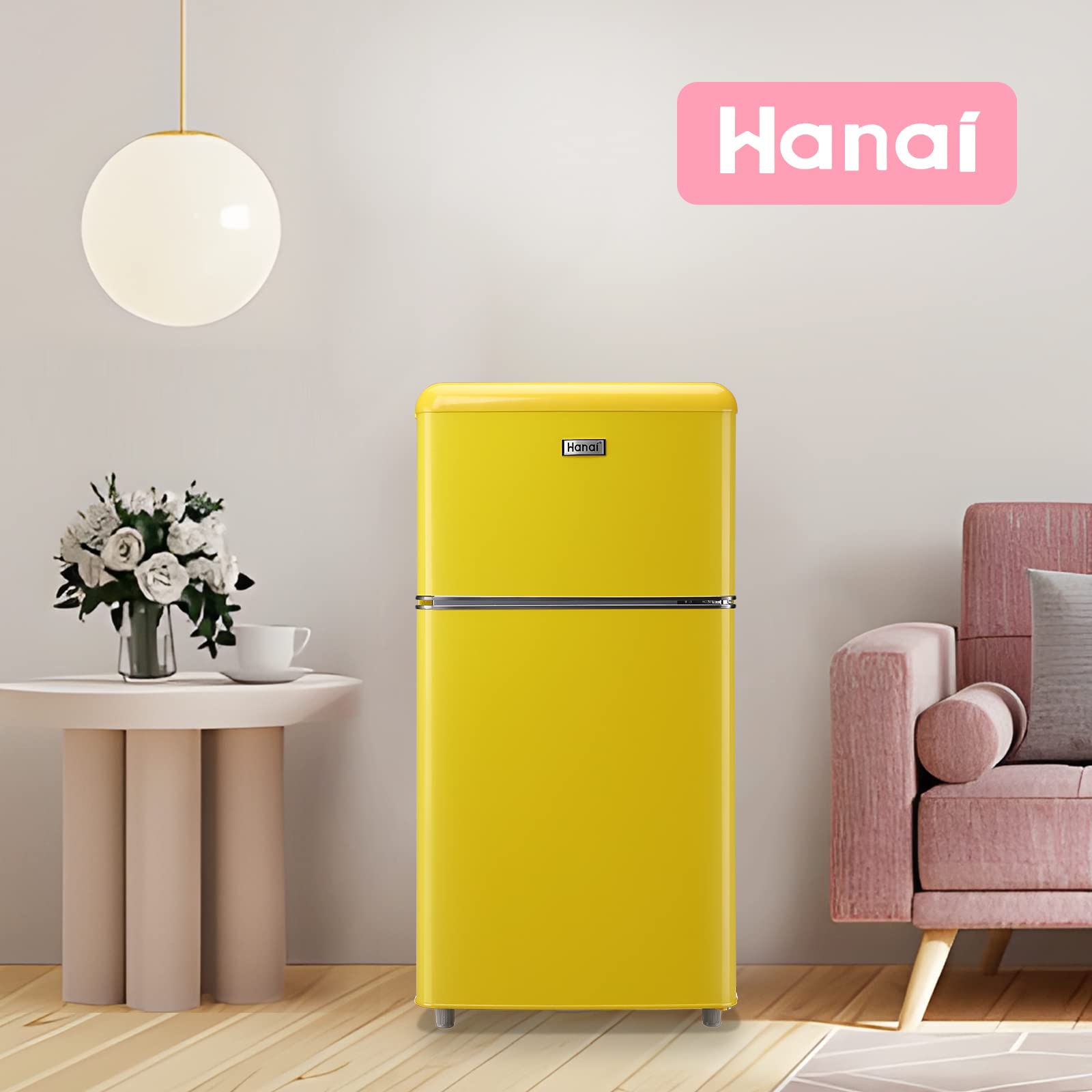 WANAI 3.5 Cu.ft Compact Refrigerators Mini Fridge with Freezer Yellow Small Fridge Dual Door Classic Retro Refrigerator Removable Glass Shelves Adjustable Thermostat for Home Office Dorm RV