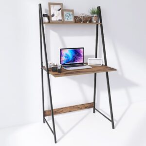 pshelfy computer desk, 2-tier ladder home office desk with storage sturdy bookshelf modern simple style writing table (rustic brown)