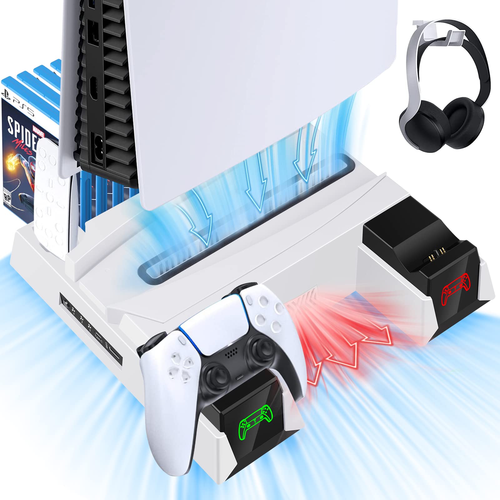 Dual Controller Charger Station for Playstation 5 PS5 Console with Suction Cooling Fan, Suction Cooler Fan with Charging Dock Station and 12 Games Storage-Included Cable, Headphone Hook