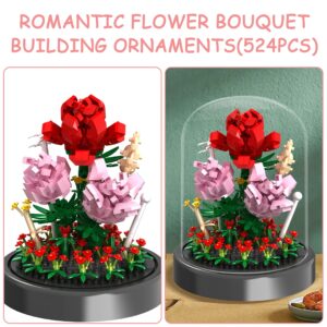 Flower Bouquet Building Kit, 524 Pcs Mini Bricks Building Blocks Sets, Forever Rose Decorated Flower with Dust Cover, Valentine's Day Gifts for Her Mom Women Girlfriends Valentines Day Gifts for Him