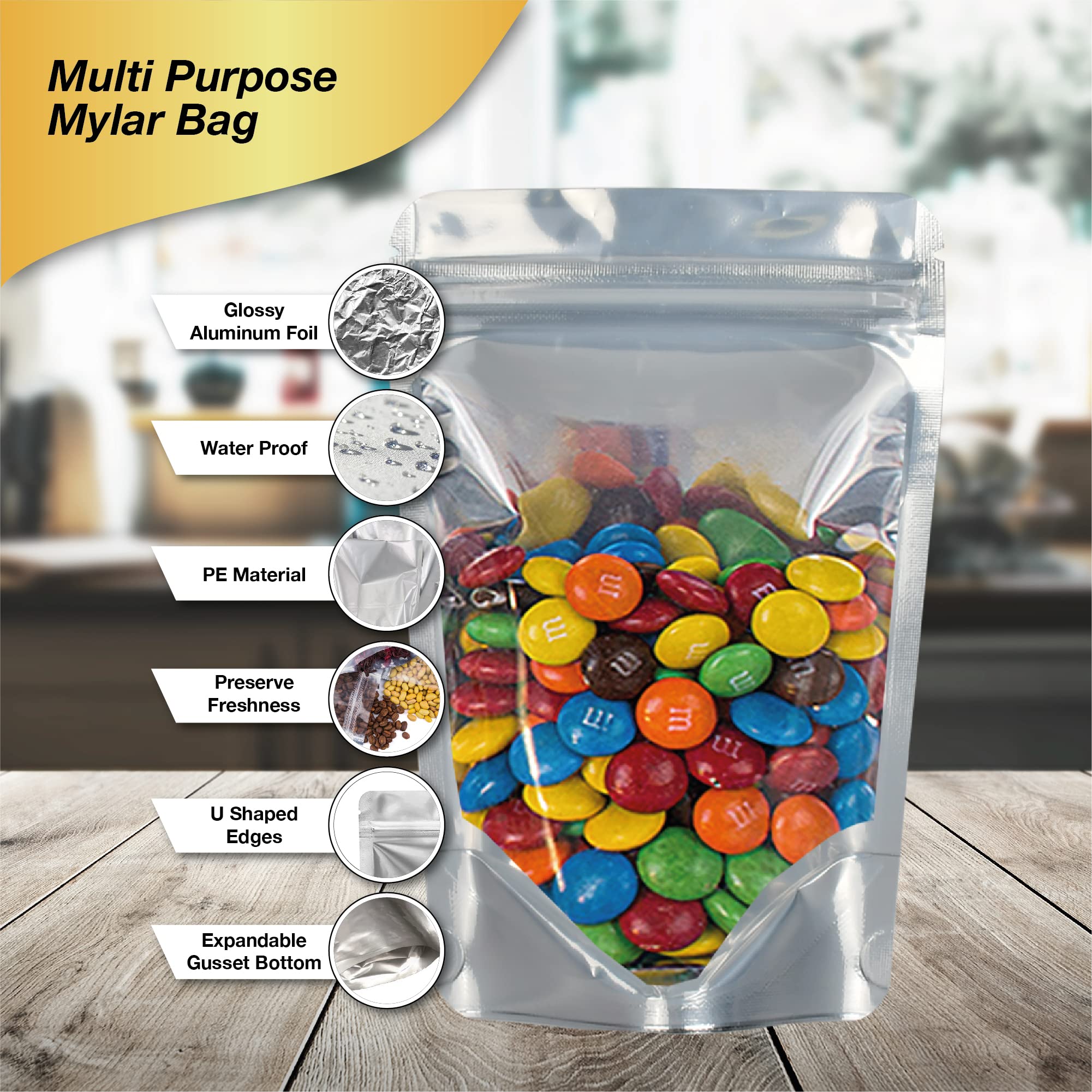 Kyniog® Pack of 100-4x6 Inches Mylar Bags for Food Storage- Standup Clear Mylar Bags- Small Mylar Bags with Label Sticker- Smell Proof- 10Mil Thick (Both Side) Resealable for Packaging Small Business