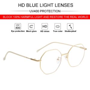 JOVAKIT Polygon Blue Light Blocking Glasses for Women Men Vintage Octagon Square Non-prescription Metal Eyeglasses (Gold 2)