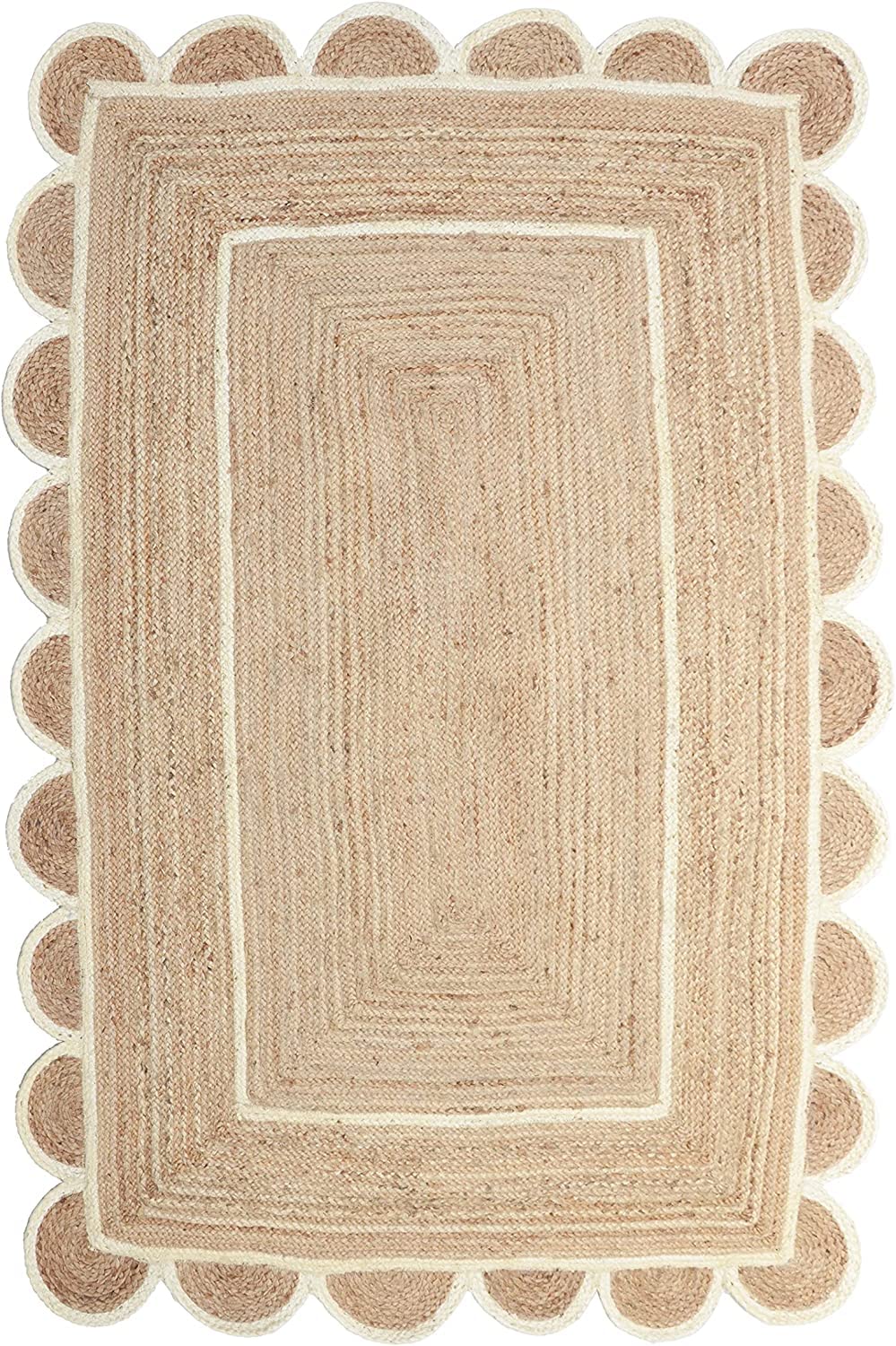 Arise Export Jute Bohemian Area Rug - 3' X 5' ft Scalloped Pattern Natural for Home Decor Item for Living Room Hallways Bedroom and Kitchen (Off White Colour 3' X 5' ft)