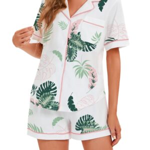 LUBOT 100% Cotton Women's Pajamas Set Short Sleeve Button-Down Shirt PJ Two-piece Set Printed Patterned Summer Night Suit Sleepwear Loungewear (Leaves, L)