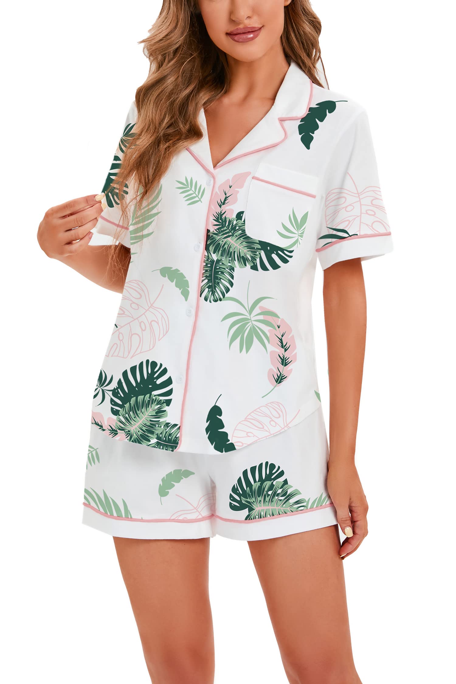 LUBOT 100% Cotton Women's Pajamas Set Short Sleeve Button-Down Shirt PJ Two-piece Set Printed Patterned Summer Night Suit Sleepwear Loungewear (Leaves, L)