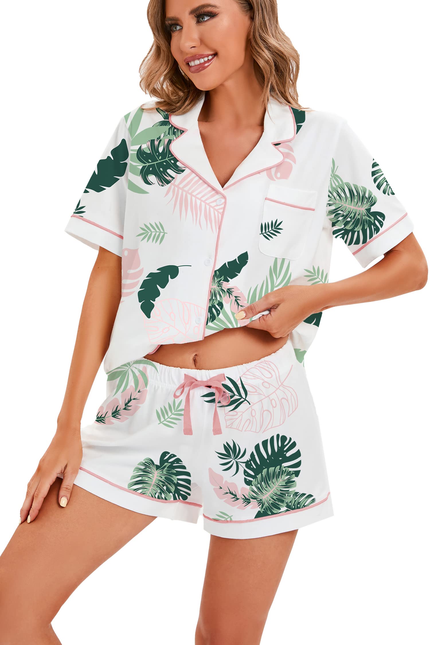 LUBOT 100% Cotton Women's Pajamas Set Short Sleeve Button-Down Shirt PJ Two-piece Set Printed Patterned Summer Night Suit Sleepwear Loungewear (Leaves, L)