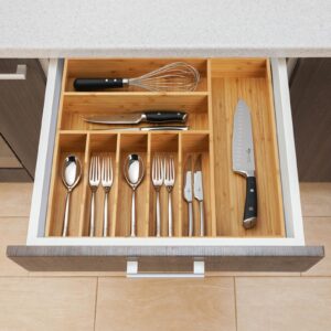 Umilife Large Kitchen Drawer Organizer, 19"x19" Silverware Utensils Organizer, 2.5" High for Large Deep Drawers, Bamboo Flatware Holder with Thick Frames, Sturdy Kitchen Organization Tray