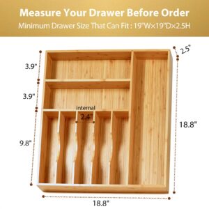 Umilife Large Kitchen Drawer Organizer, 19"x19" Silverware Utensils Organizer, 2.5" High for Large Deep Drawers, Bamboo Flatware Holder with Thick Frames, Sturdy Kitchen Organization Tray