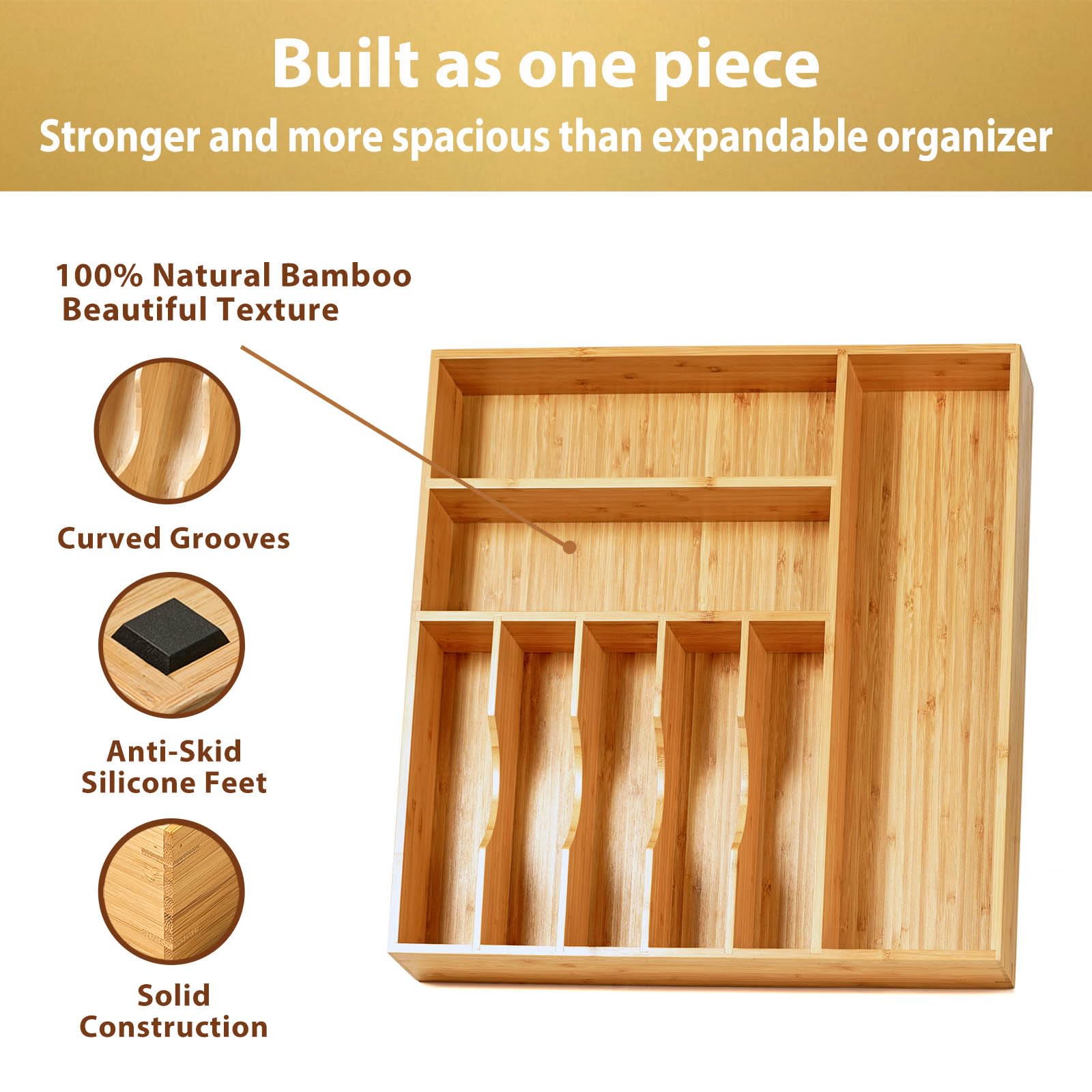 Umilife Large Kitchen Drawer Organizer, 19"x19" Silverware Utensils Organizer, 2.5" High for Large Deep Drawers, Bamboo Flatware Holder with Thick Frames, Sturdy Kitchen Organization Tray