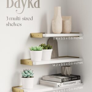 BAYKA Wall Shelves for Bedroom Decor, Floating Wall Shelves for Living Room Kitchen Storage, Wall Mounted Rustic Wood Shelves for Kids Books, Small Shelf for Bathroom(White and Gold，Set of 3)