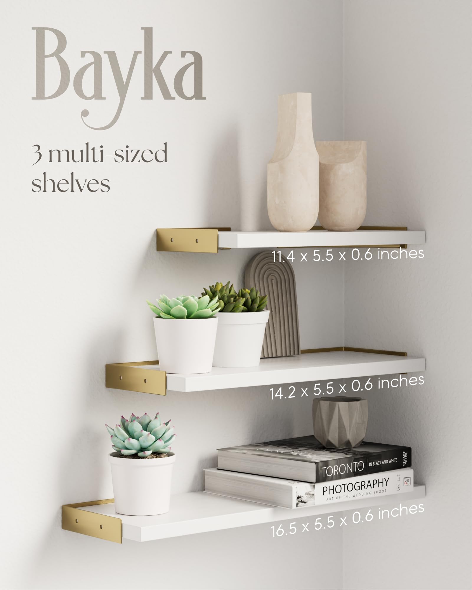 BAYKA Wall Shelves for Bedroom Decor, Floating Wall Shelves for Living Room Kitchen Storage, Wall Mounted Rustic Wood Shelves for Kids Books, Small Shelf for Bathroom(White and Gold，Set of 3)