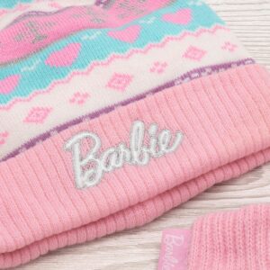 Barbie Hat and Gloves Kids Girls Pink Logo Knitted Pom Winter Beanie