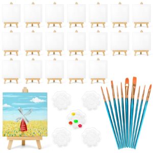 20 pack 4x4 in mini canvases, small painting canvas panel with mini easel, art canvas painting kit with 10 brushes & 5 paint tray for kids teenagers acrylic pouring oil water color gift…