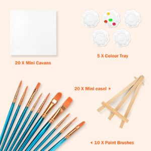 20 Pack 4x4 in Mini Canvases, Small Painting Canvas Panel with Mini Easel, Art Canvas Painting Kit with 10 Brushes & 5 Paint Tray for Kids Teenagers Acrylic Pouring Oil Water Color Gift…