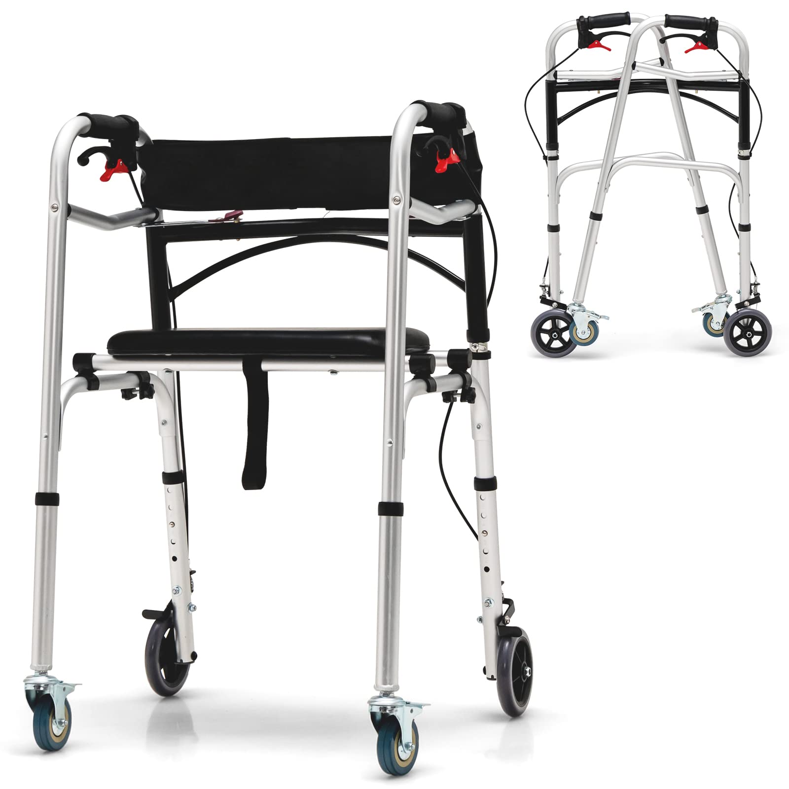 GYMAX Walkers for Seniors, 2-Button Folding Walker with 5” Lockable Wheels, Padded Seat & Trigger Release, 350lbs Height Adjustable Standard Walker, Foldable Rolling Adult Walker