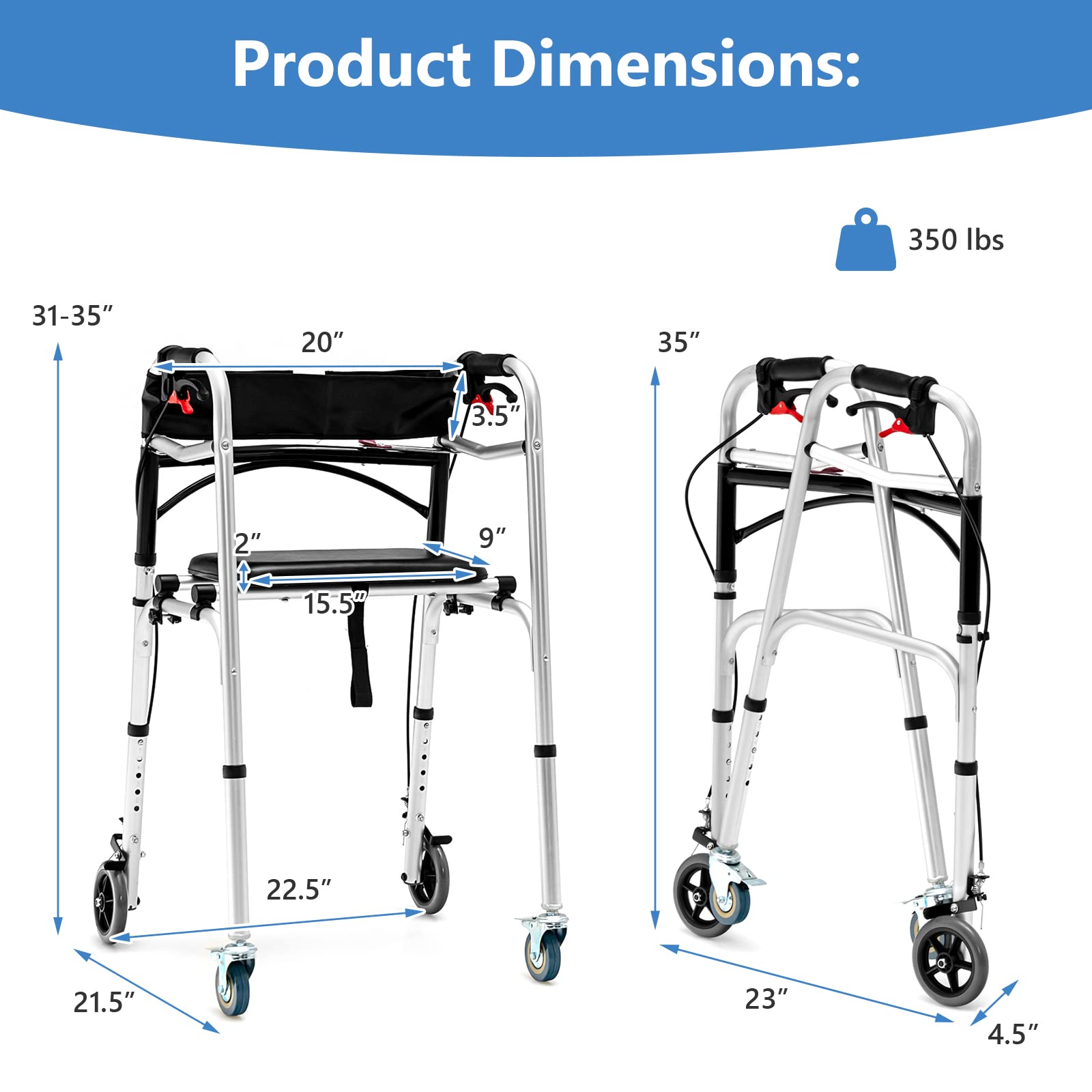 GYMAX Walkers for Seniors, 2-Button Folding Walker with 5” Lockable Wheels, Padded Seat & Trigger Release, 350lbs Height Adjustable Standard Walker, Foldable Rolling Adult Walker