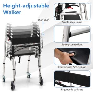 GYMAX Walkers for Seniors, 2-Button Folding Walker with 5” Lockable Wheels, Padded Seat & Trigger Release, 350lbs Height Adjustable Standard Walker, Foldable Rolling Adult Walker