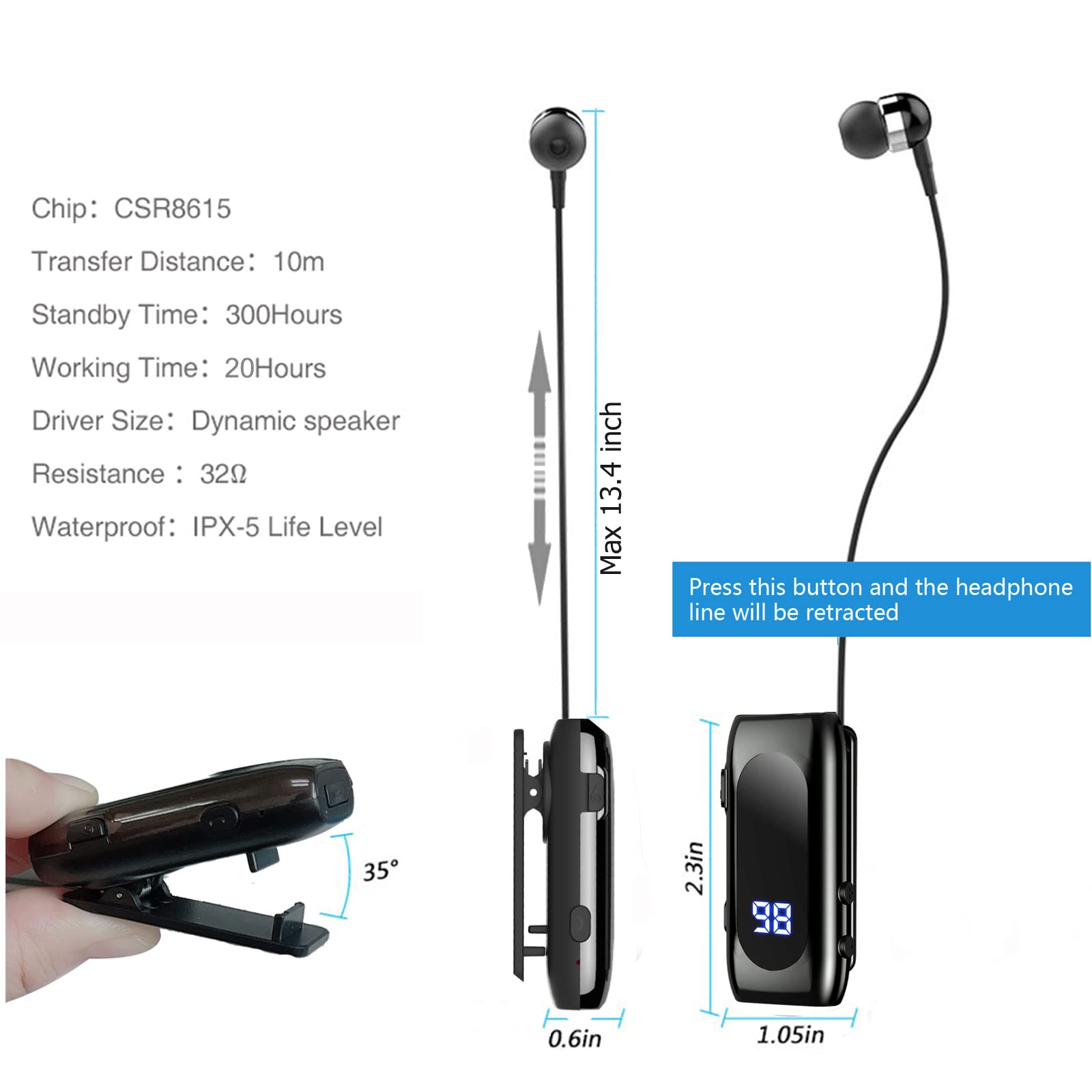 Retractable Wireless Headset Headphone Stereo Earphone V5.0 Noise Cancelling Mic Clip on Earpiece Comfortable HandsFree Headset 20Hrs Talking Time Sports Business Trucker Driver Earbud