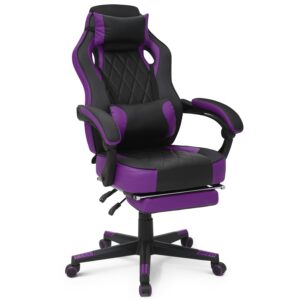 MoNiBloom Reclining Computer Chair with Footrest & Detachable Lumbar Support 360 Degree Swivel Racing Style PU Leather Computer Gaming Chair with Headrest for Home Bedroom Office, Purple