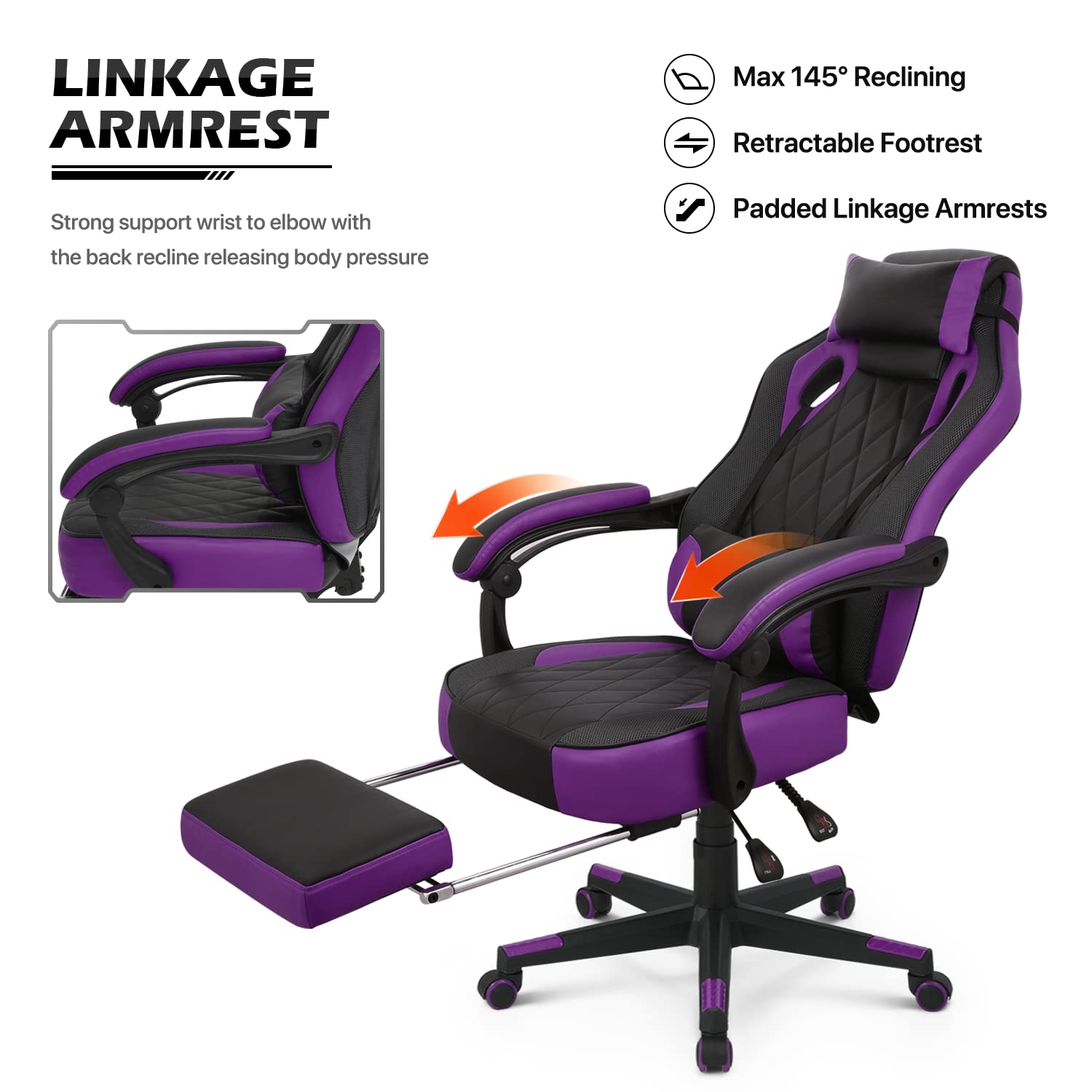 MoNiBloom Reclining Computer Chair with Footrest & Detachable Lumbar Support 360 Degree Swivel Racing Style PU Leather Computer Gaming Chair with Headrest for Home Bedroom Office, Purple