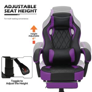 MoNiBloom Reclining Computer Chair with Footrest & Detachable Lumbar Support 360 Degree Swivel Racing Style PU Leather Computer Gaming Chair with Headrest for Home Bedroom Office, Purple