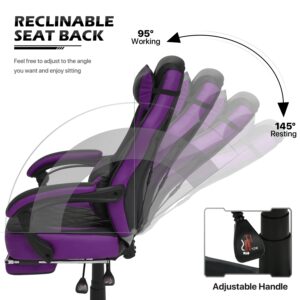 MoNiBloom Reclining Computer Chair with Footrest & Detachable Lumbar Support 360 Degree Swivel Racing Style PU Leather Computer Gaming Chair with Headrest for Home Bedroom Office, Purple