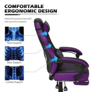 MoNiBloom Reclining Computer Chair with Footrest & Detachable Lumbar Support 360 Degree Swivel Racing Style PU Leather Computer Gaming Chair with Headrest for Home Bedroom Office, Purple