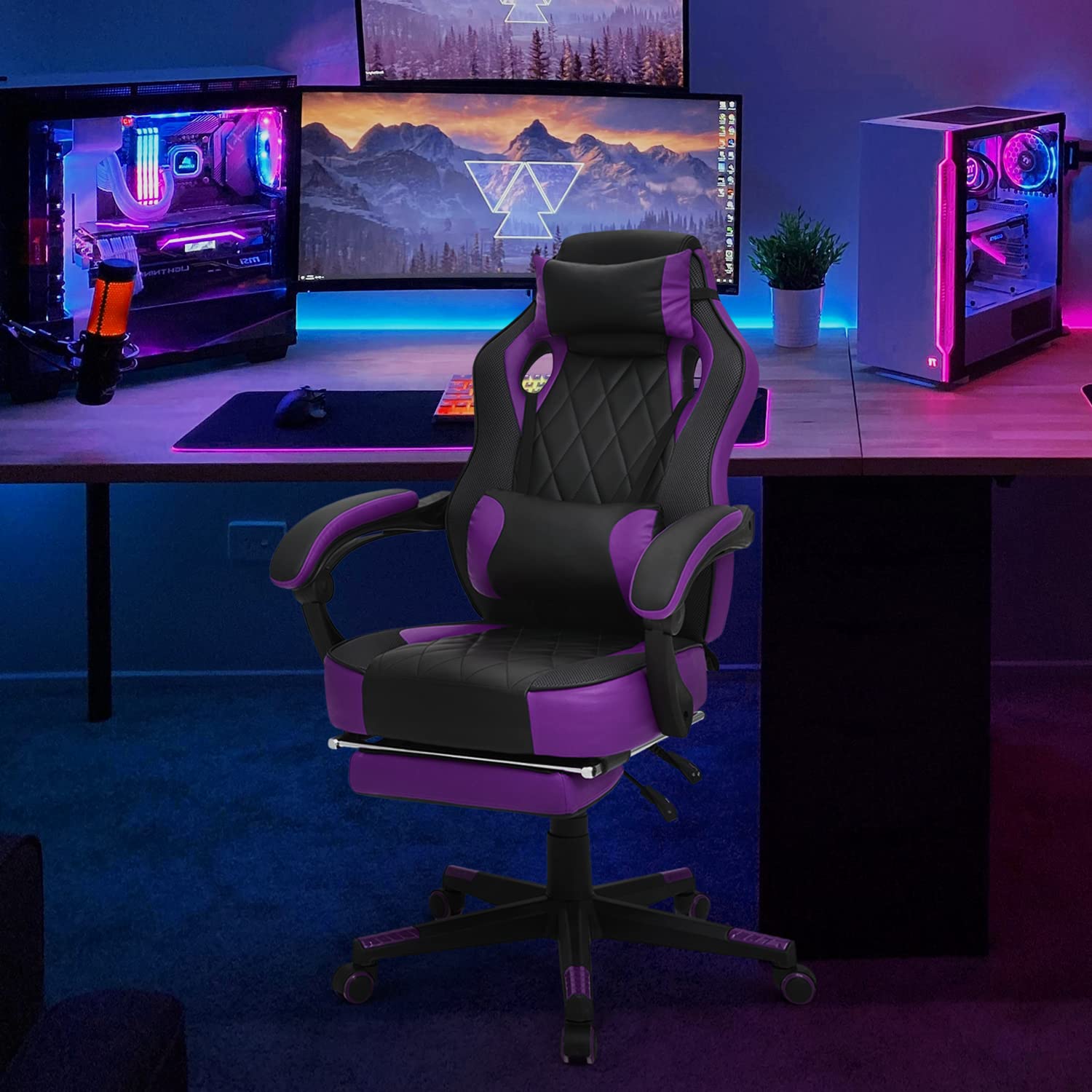 MoNiBloom Reclining Computer Chair with Footrest & Detachable Lumbar Support 360 Degree Swivel Racing Style PU Leather Computer Gaming Chair with Headrest for Home Bedroom Office, Purple