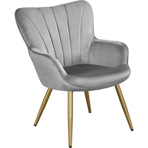 Yaheetech Velvet Accent Chair, Modern Vanity Chair Armchair with Wing Side and Metal Legs, Cozy and Soft Padded and High Back for Living Room/Home Office/Makeup/Bedroom, Light Gray