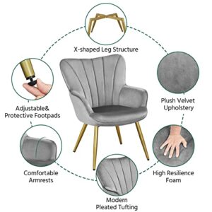 Yaheetech Velvet Accent Chair, Modern Vanity Chair Armchair with Wing Side and Metal Legs, Cozy and Soft Padded and High Back for Living Room/Home Office/Makeup/Bedroom, Light Gray