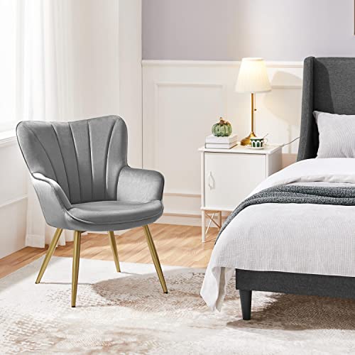 Yaheetech Velvet Accent Chair, Modern Vanity Chair Armchair with Wing Side and Metal Legs, Cozy and Soft Padded and High Back for Living Room/Home Office/Makeup/Bedroom, Light Gray