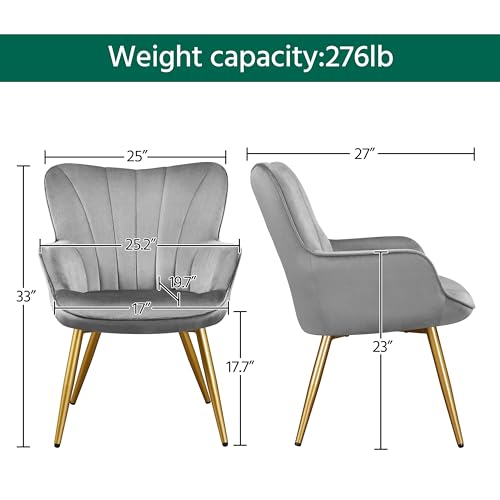 Yaheetech Velvet Accent Chair, Modern Vanity Chair Armchair with Wing Side and Metal Legs, Cozy and Soft Padded and High Back for Living Room/Home Office/Makeup/Bedroom, Light Gray