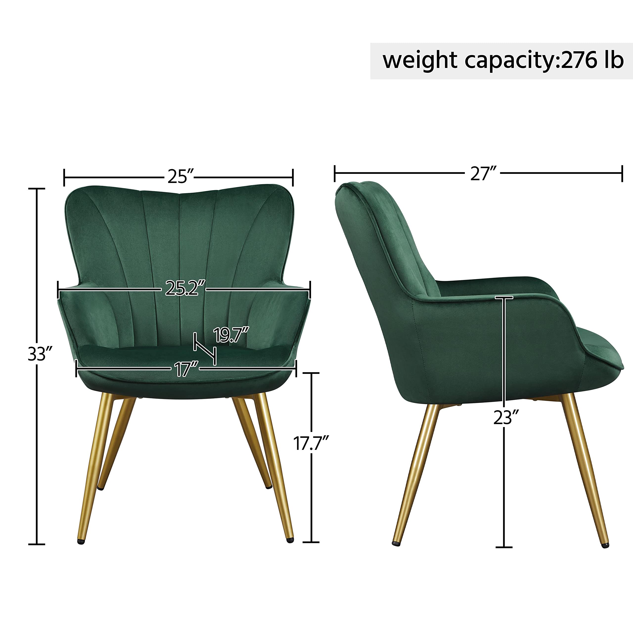 Yaheetech Velvet Accent Chair, Modern Armchair with Wing Side and Metal Legs, Cozy and Soft Padded and High Back for Living Room/Home Office/Bedroom, Set of 2, Green