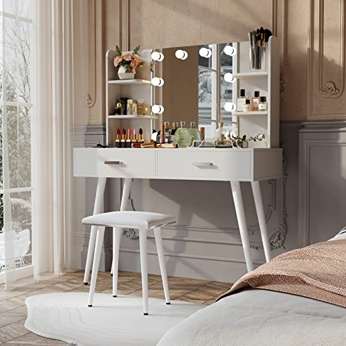 Furniouse Vanity Desk, Vanity Mirror with Lights, Makeup Table Set with Drawers, Vanity Set for Bedroom with 3 Lighting Modes Studio White