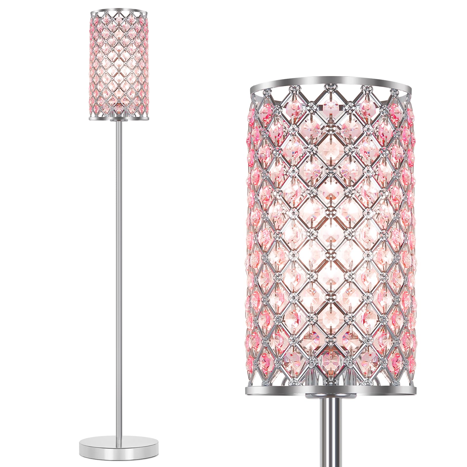 Crystal Floor Lamp for Bedroom, Silver Floor Lamp with Pink Shade, Girls Floor Lamp with On/Off Foot Switch, Elegant Standing Light Tall Pole Lamp for Living Room, Dresser, Office (E26 Base)