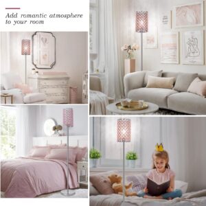 Crystal Floor Lamp for Bedroom, Silver Floor Lamp with Pink Shade, Girls Floor Lamp with On/Off Foot Switch, Elegant Standing Light Tall Pole Lamp for Living Room, Dresser, Office (E26 Base)