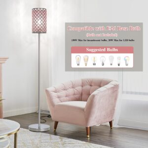 Crystal Floor Lamp for Bedroom, Silver Floor Lamp with Pink Shade, Girls Floor Lamp with On/Off Foot Switch, Elegant Standing Light Tall Pole Lamp for Living Room, Dresser, Office (E26 Base)