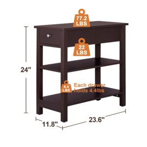 SUPER DEAL 3 Tier Wood End Table Narrow Nightstand with Drawer and 2 Shelves, BedsideTable for Bedroom Living Room, Apartment Small Space, Espresso