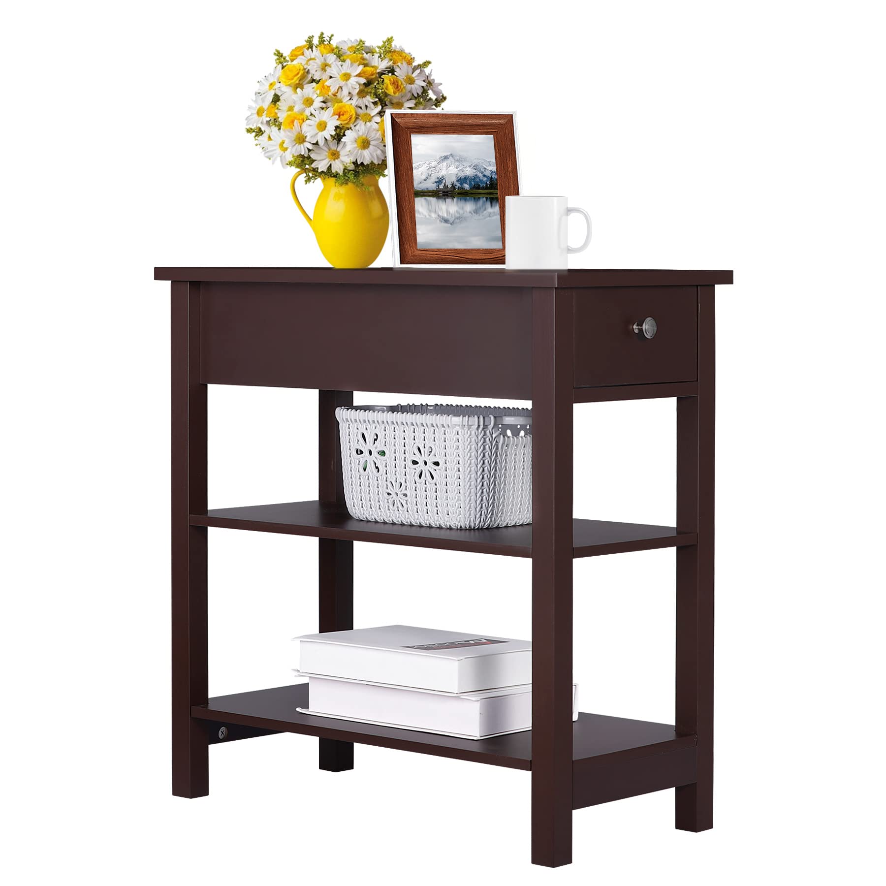 SUPER DEAL 3 Tier Wood End Table Narrow Nightstand with Drawer and 2 Shelves, BedsideTable for Bedroom Living Room, Apartment Small Space, Espresso