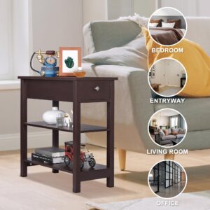 SUPER DEAL 3 Tier Wood End Table Narrow Nightstand with Drawer and 2 Shelves, BedsideTable for Bedroom Living Room, Apartment Small Space, Espresso