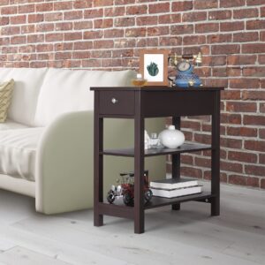 SUPER DEAL 3 Tier Wood End Table Narrow Nightstand with Drawer and 2 Shelves, BedsideTable for Bedroom Living Room, Apartment Small Space, Espresso