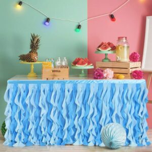 ibonray tulle tutu curly willow table skirts for rectangle tables, blue ruffle table skirt frozen tablecloth for birthday party, gender reveal, baby shower, baby shark, 6ft(under the sea)