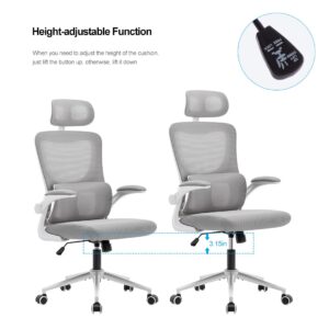 Office Chair Height-adjustable Ergonomic Desk Chair with Self-adaptive Lumbar Support Breathable Mesh Computer Chair High Back Swivel Task Chair with Adjustable Headrest and Flip-up Armrests - Grey