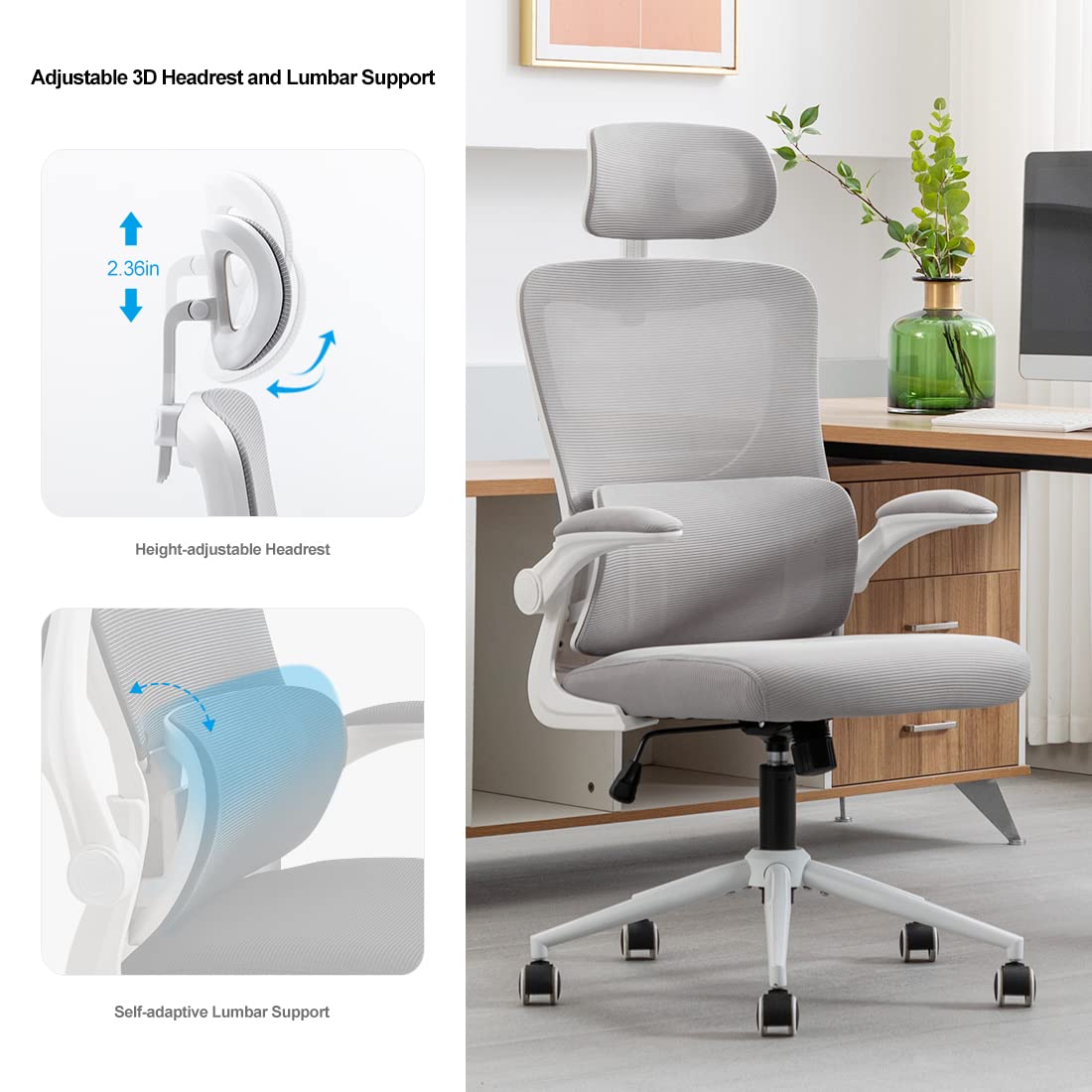 Office Chair Height-adjustable Ergonomic Desk Chair with Self-adaptive Lumbar Support Breathable Mesh Computer Chair High Back Swivel Task Chair with Adjustable Headrest and Flip-up Armrests - Grey