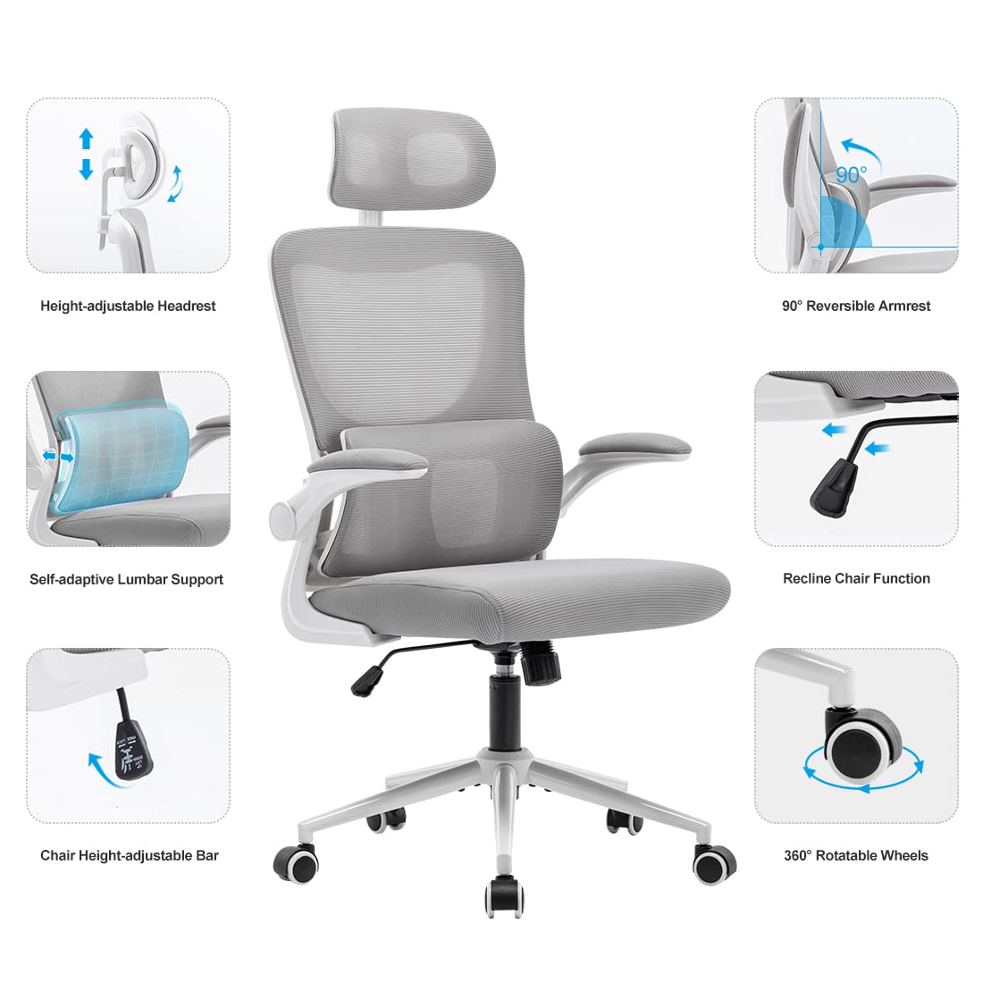 Office Chair Height-adjustable Ergonomic Desk Chair with Self-adaptive Lumbar Support Breathable Mesh Computer Chair High Back Swivel Task Chair with Adjustable Headrest and Flip-up Armrests - Grey