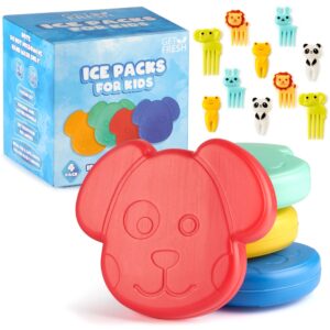 get fresh mini freezer ice packs for lunch boxes - 4-pack cute small ice blocks for cool bags and kids lunch box – reusable animal freezer blocks for kids lunch cool boxes bags with 10 food picks