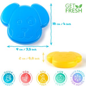 GET FRESH Mini Freezer Ice Packs for Lunch Boxes - 4-Pack Cute Small Ice Blocks for Cool Bags and Kids Lunch Box – Reusable Animal Freezer Blocks for Kids Lunch Cool Boxes Bags with 10 Food Picks