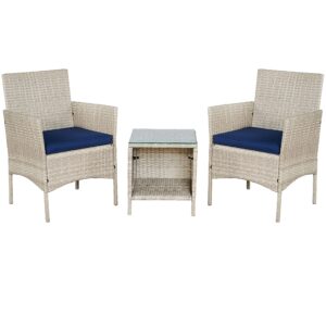 BTEXPERT Outdoor Wicker Conversation 3 Piece Bistro Set Garden Patio Yard Porch Furniture Space Saving Pe Rattan 2 Chairs Cushions Side Storage Glass Table Stone Gray/Navy Blue 3pc