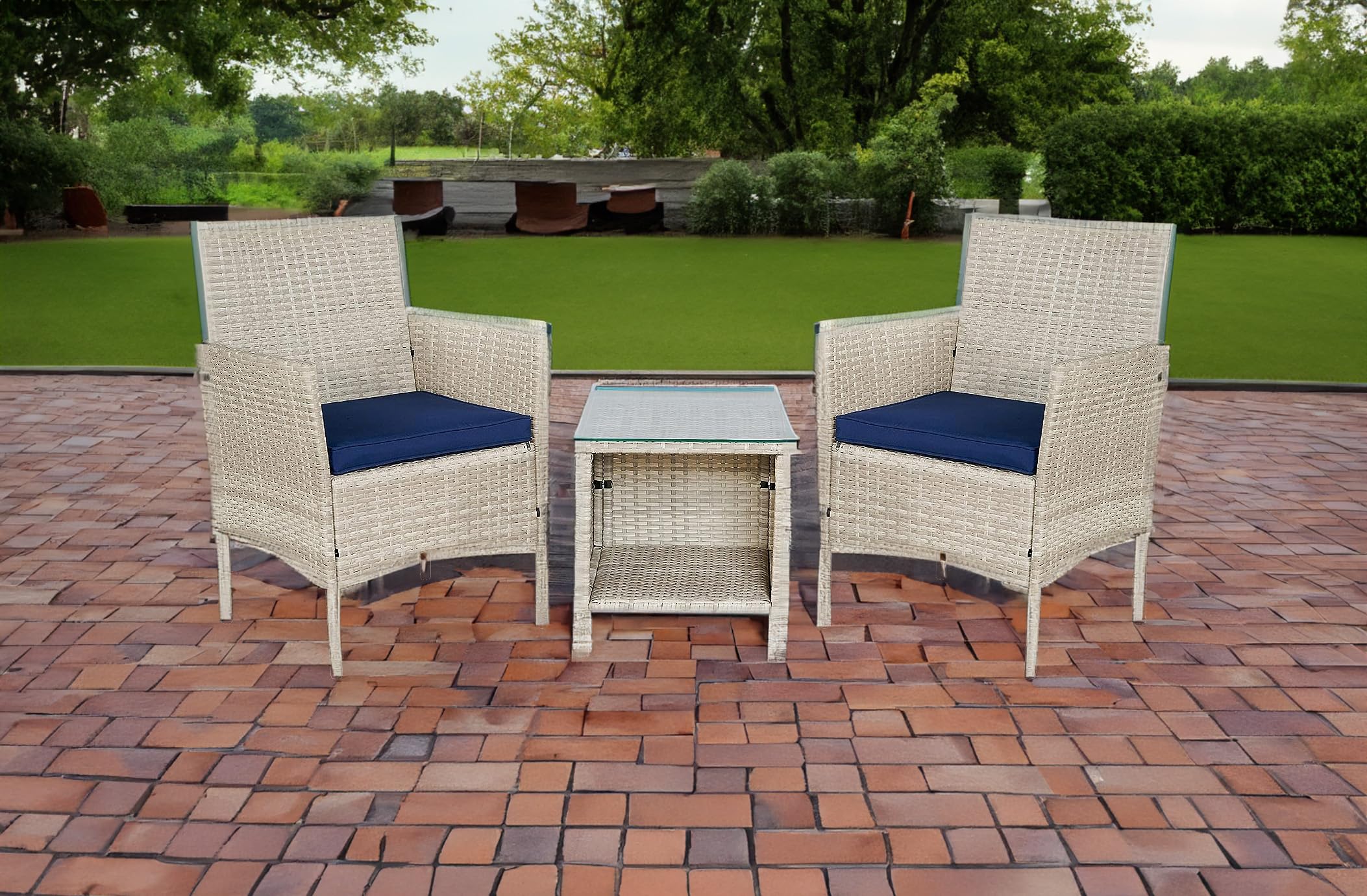 BTEXPERT Outdoor Wicker Conversation 3 Piece Bistro Set Garden Patio Yard Porch Furniture Space Saving Pe Rattan 2 Chairs Cushions Side Storage Glass Table Stone Gray/Navy Blue 3pc